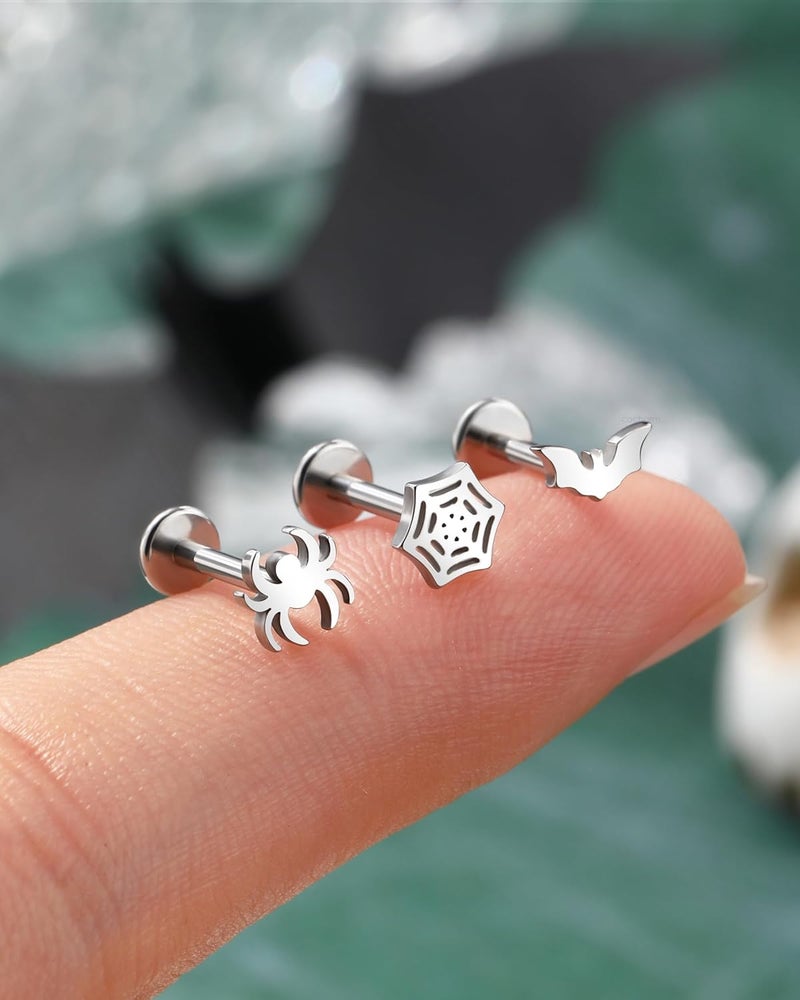 COCHARM 3Pcs Bat Spider Cartilage Earring 16g Flat Back Cartilage Piercing Jewelry Halloween Helix Jewelry 8mm Silver Web Conch Stud Funny Labret Stud for Women Men - Image 4